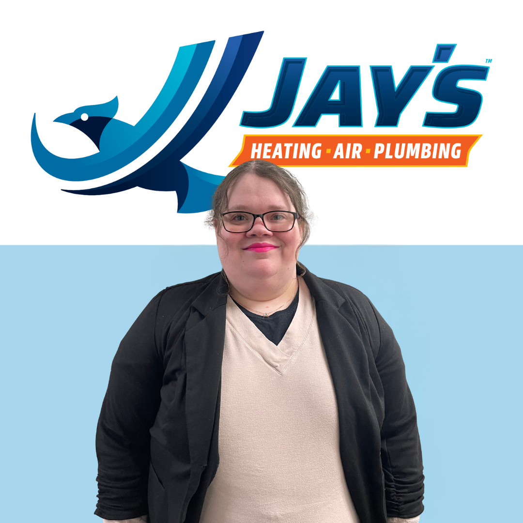 A person smiles in front of the "Jay's Heating, Air, Plumbing" logo, embodying the quality service and expertise of their 5-star technicians.