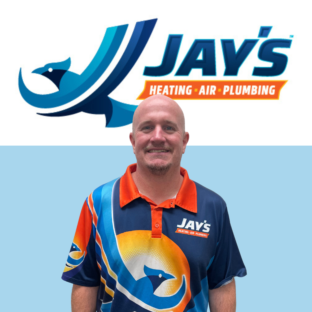 A man wearing a branded shirt stands proudly in front of Jay's Heating, Air, Plumbing logo, epitomizing their commitment to 5-Star Quality service.